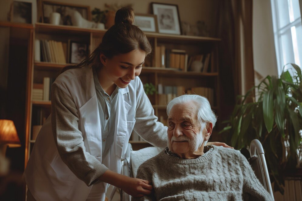 Nurse worker taking care elderly patient