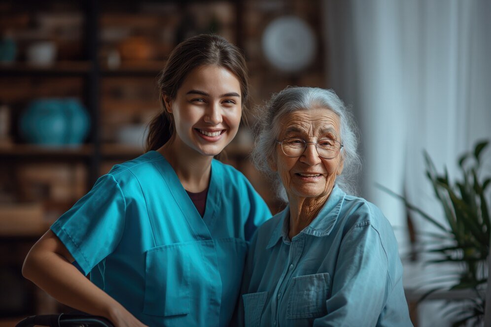 Nurse worker taking care elderly patient
